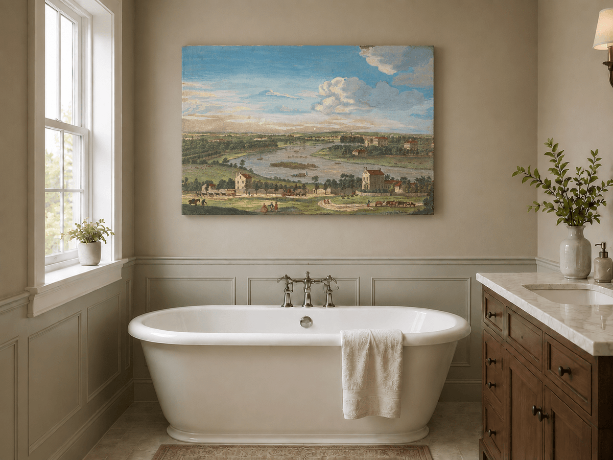 Hand-painted Panoramic River Estate Countryside landscape oil painting displayed as wall art in a styled interior