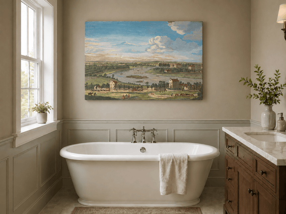 Hand-painted Panoramic River Estate Countryside landscape oil painting displayed as wall art in a styled interior