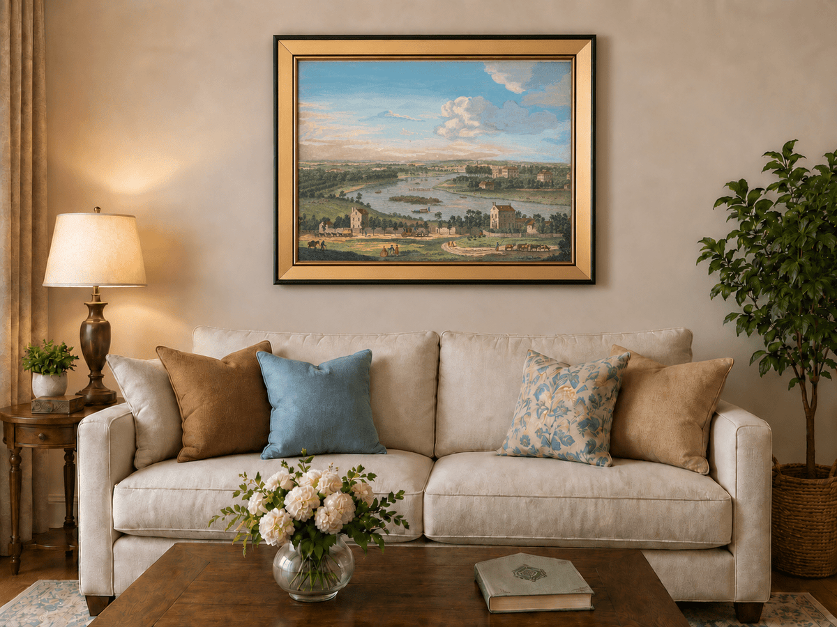 Hand-painted Panoramic River Estate Countryside landscape oil painting displayed as wall art in a styled interior