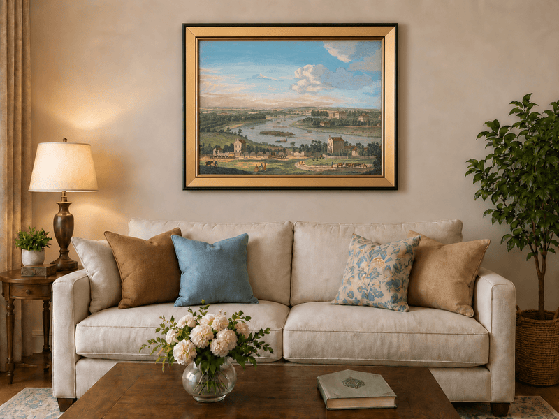 Hand-painted Panoramic River Estate Countryside landscape oil painting displayed as wall art in a styled interior