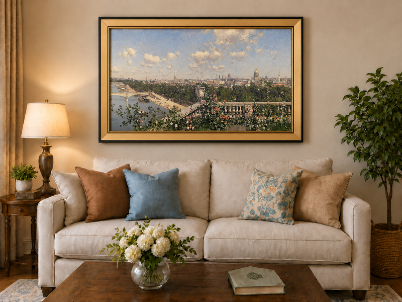 Hand-painted Paris River View from Garden Terrace landscape oil painting displayed as wall art in a styled interior