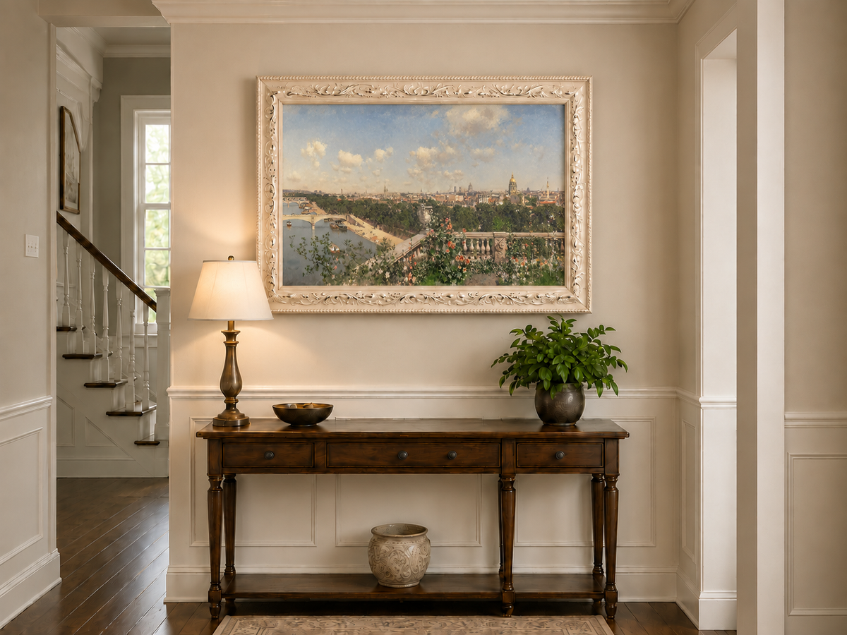 Hand-painted Paris River View from Garden Terrace landscape oil painting displayed as wall art in a styled interior