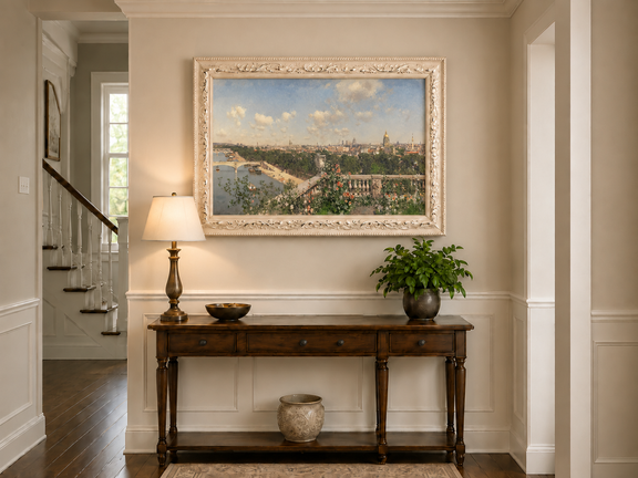 Hand-painted Paris River View from Garden Terrace landscape oil painting displayed as wall art in a styled interior