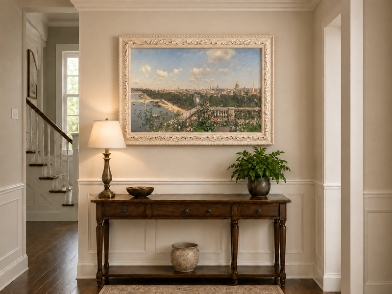 Hand-painted Paris River View from Garden Terrace landscape oil painting displayed as wall art in a styled interior