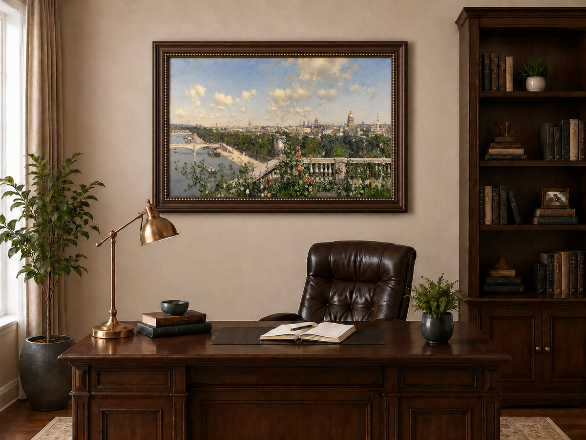 Hand-painted Paris River View from Garden Terrace landscape oil painting displayed as wall art in a styled interior