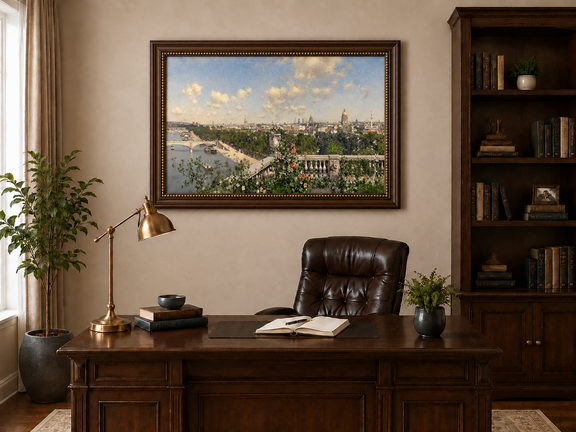 Hand-painted Paris River View from Garden Terrace landscape oil painting displayed as wall art in a styled interior