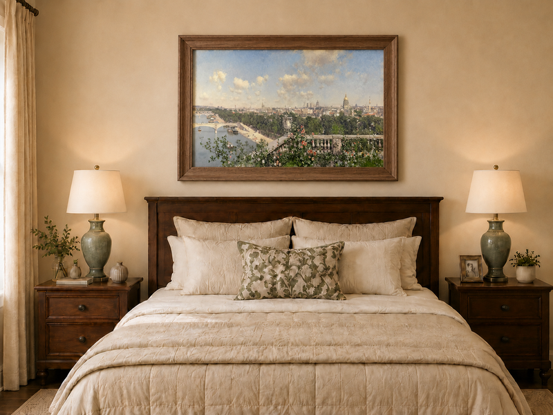 Hand-painted Paris River View from Garden Terrace landscape oil painting displayed as wall art in a styled interior