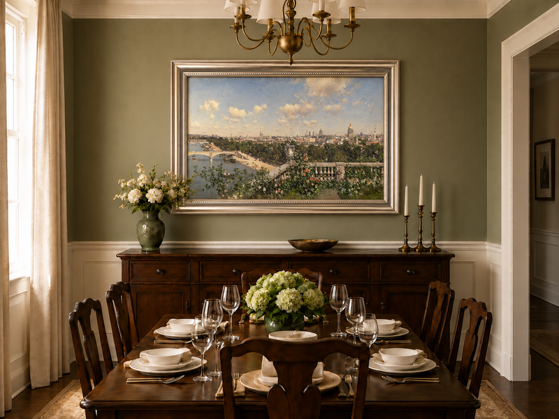 Hand-painted Paris River View from Garden Terrace landscape oil painting displayed as wall art in a styled interior