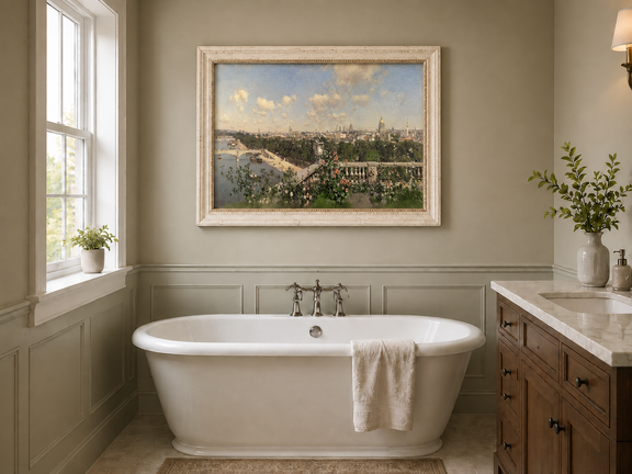 Hand-painted Paris River View from Garden Terrace landscape oil painting displayed as wall art in a styled interior