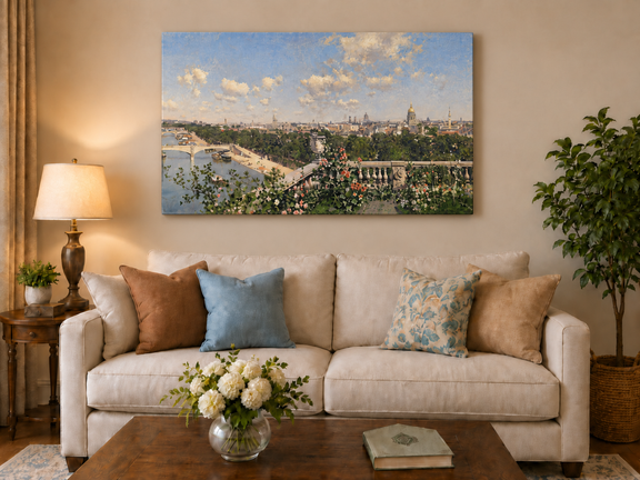 Hand-painted Paris River View from Garden Terrace landscape oil painting displayed as wall art in a styled interior