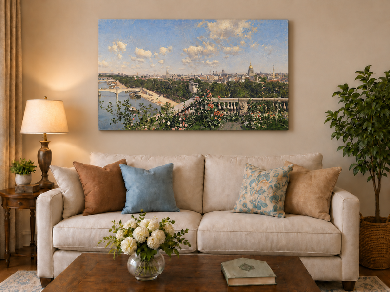 Hand-painted Paris River View from Garden Terrace landscape oil painting displayed as wall art in a styled interior