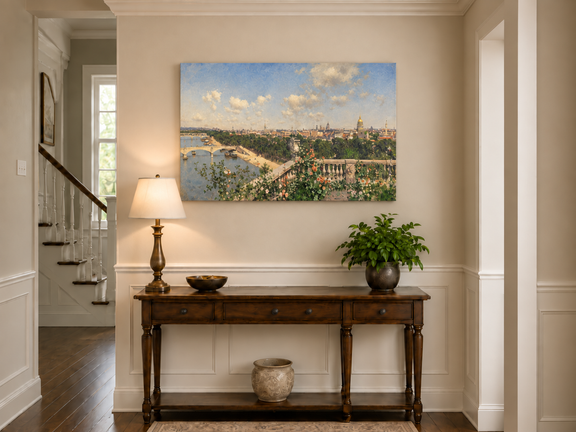 Hand-painted Paris River View from Garden Terrace landscape oil painting displayed as wall art in a styled interior