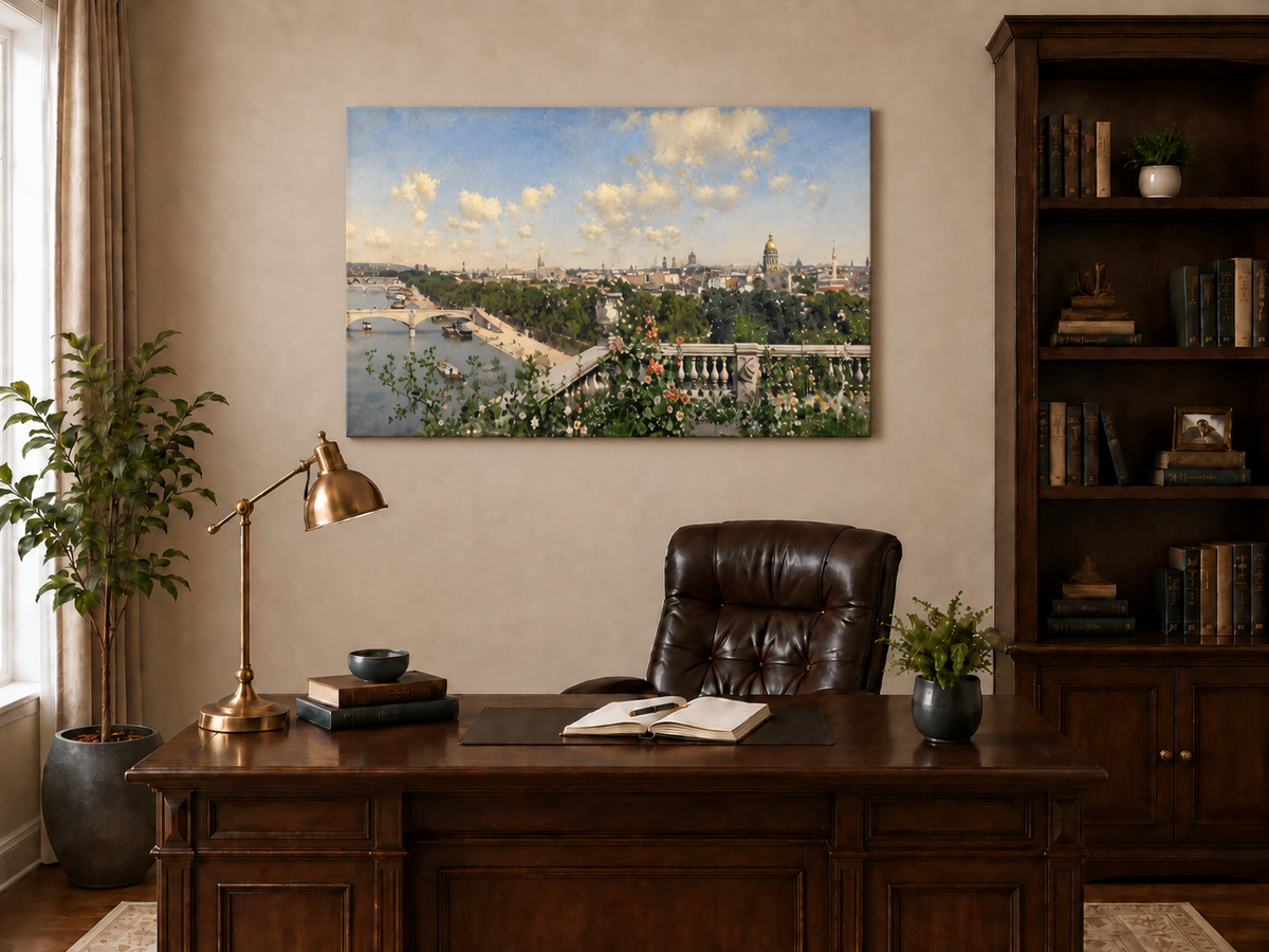 Hand-painted Paris River View from Garden Terrace landscape oil painting displayed as wall art in a styled interior