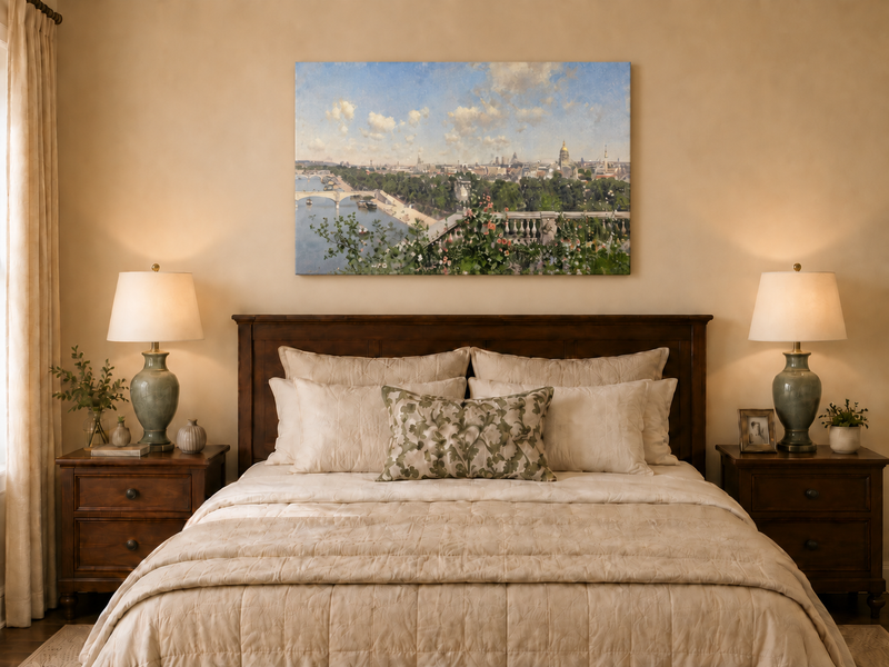 Hand-painted Paris River View from Garden Terrace landscape oil painting displayed as wall art in a styled interior