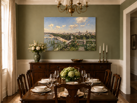 Hand-painted Paris River View from Garden Terrace landscape oil painting displayed as wall art in a styled interior