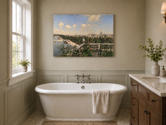 Hand-painted Paris River View from Garden Terrace landscape oil painting displayed as wall art in a styled interior