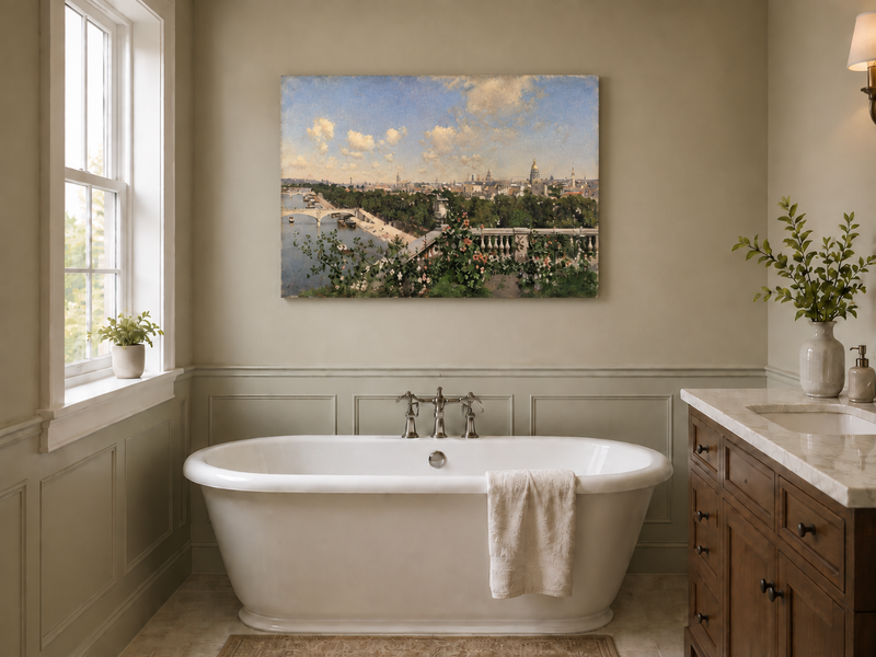 Hand-painted Paris River View from Garden Terrace landscape oil painting displayed as wall art in a styled interior