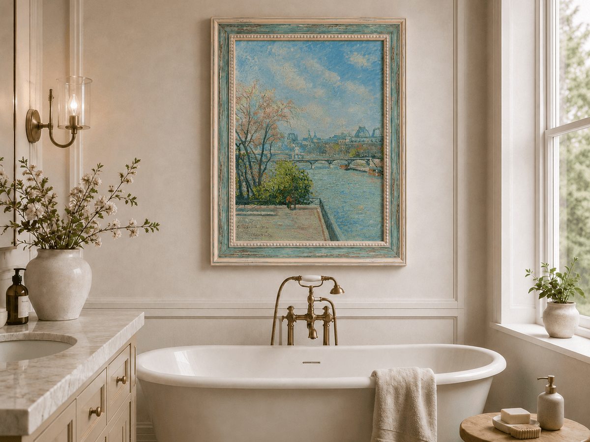 Peinture à l'huile de paysage - Rivière printanière avec pêcheur et arbres