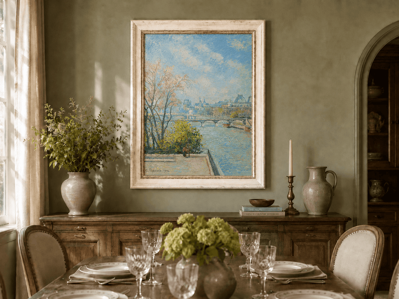 Peinture à l'huile de paysage - Rivière printanière avec pêcheur et arbres
