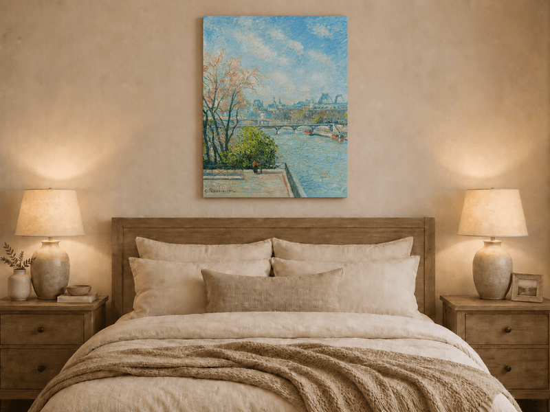 Peinture à l'huile de paysage - Rivière printanière avec pêcheur et arbres