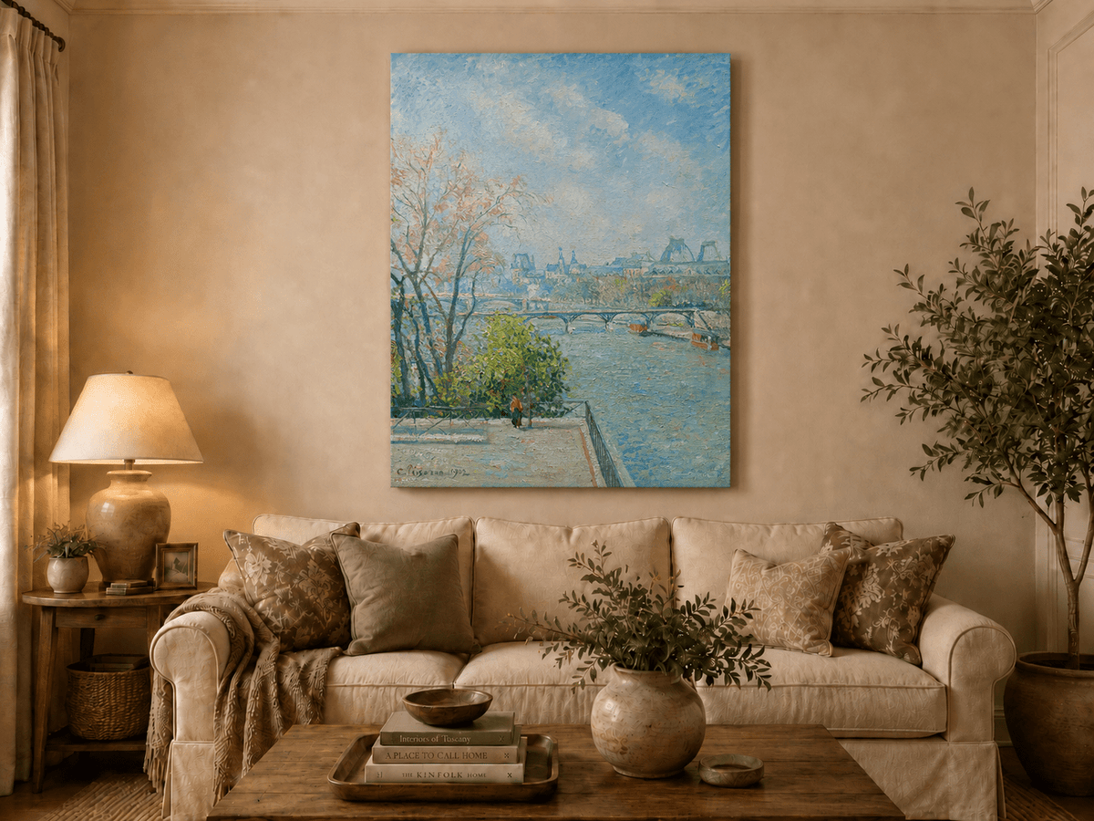 Peinture à l'huile de paysage - Rivière printanière avec pêcheur et arbres