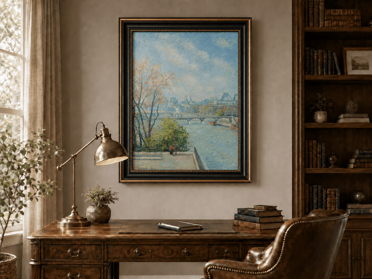 Peinture à l'huile de paysage - Rivière printanière avec pêcheur et arbres