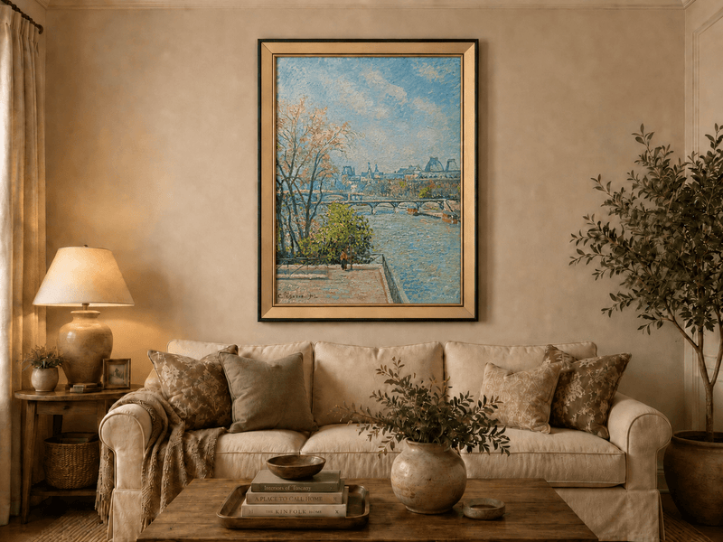 Peinture à l'huile de paysage - Rivière printanière avec pêcheur et arbres