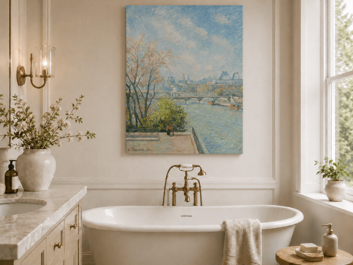 Peinture à l'huile de paysage - Rivière printanière avec pêcheur et arbres