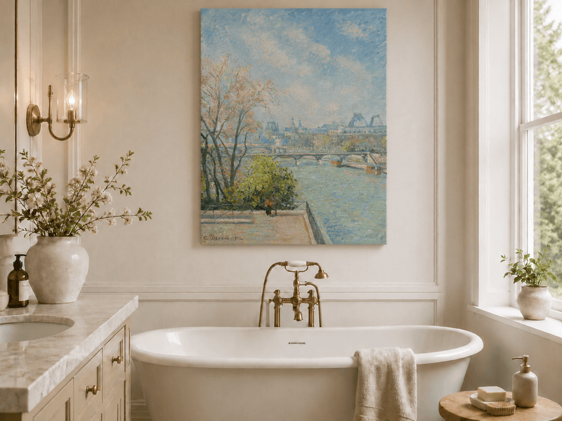Peinture à l'huile de paysage - Rivière printanière avec pêcheur et arbres