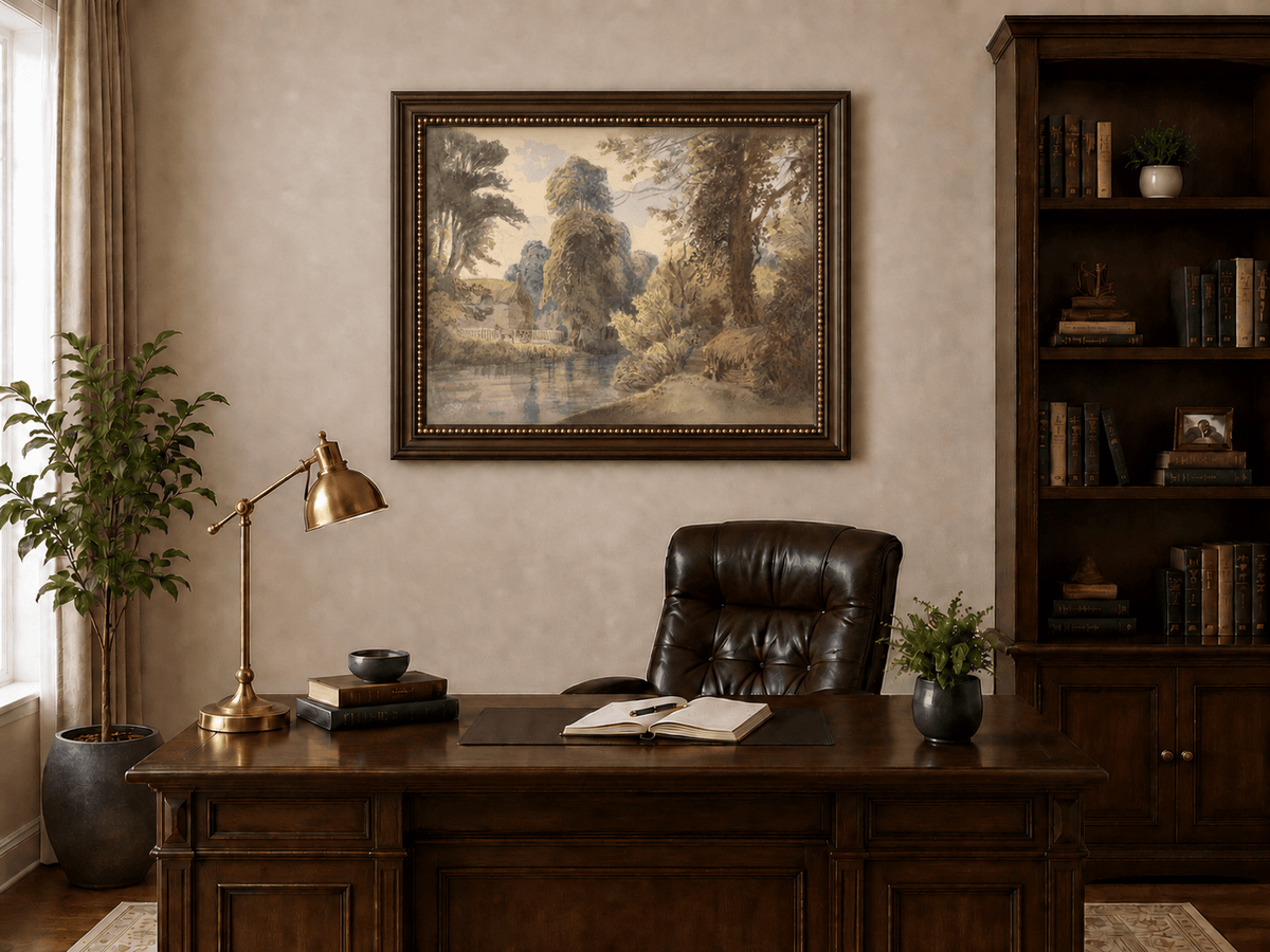 Landscape Oil Painting - Park Pond with Cottage and Garden Path