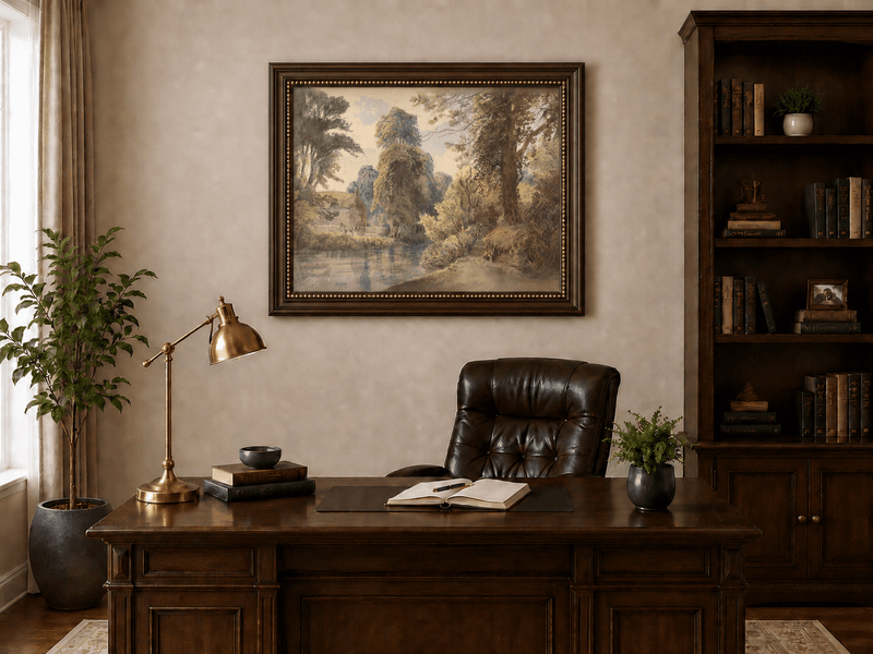 Landscape Oil Painting - Park Pond with Cottage and Garden Path
