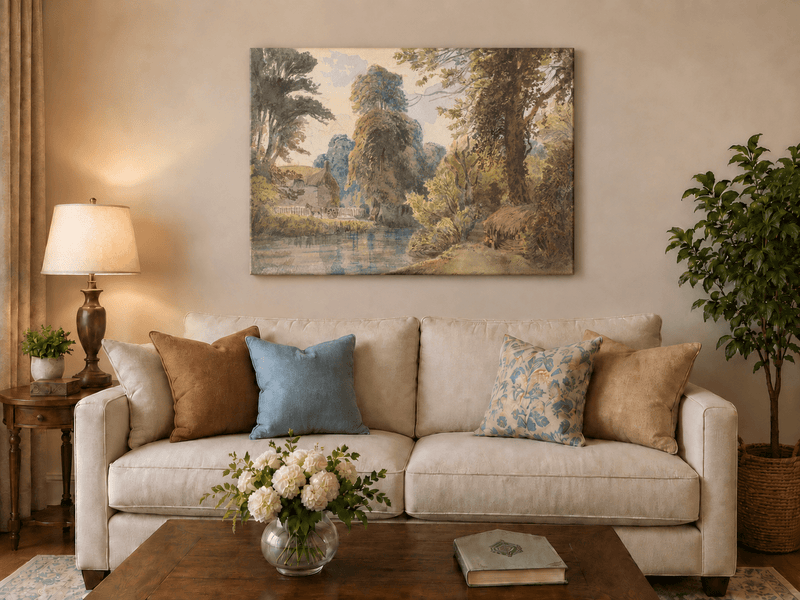 Landscape Oil Painting - Park Pond with Cottage and Garden Path