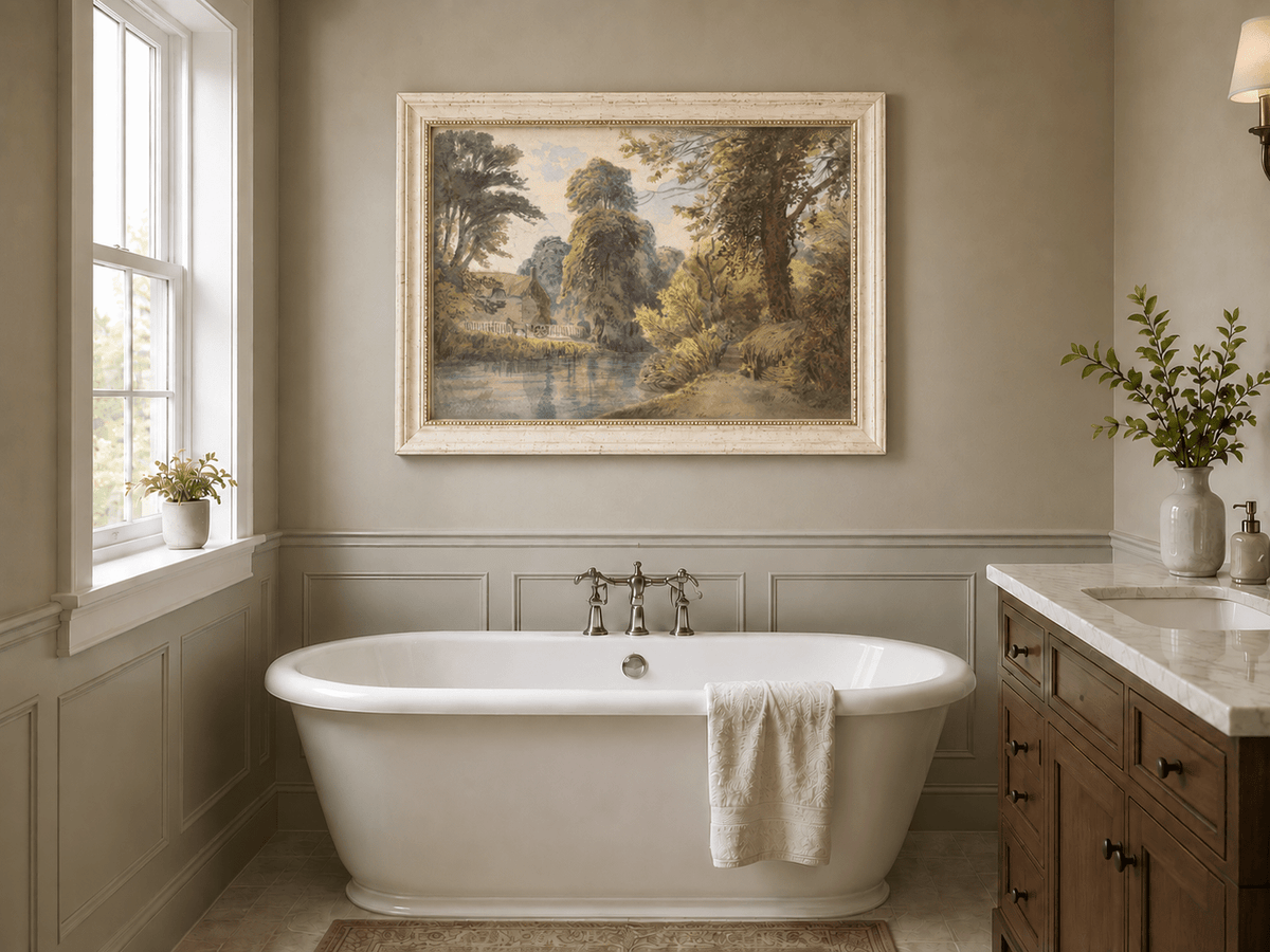 Landscape Oil Painting - Park Pond with Cottage and Garden Path