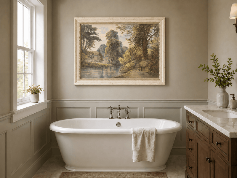 Landscape Oil Painting - Park Pond with Cottage and Garden Path