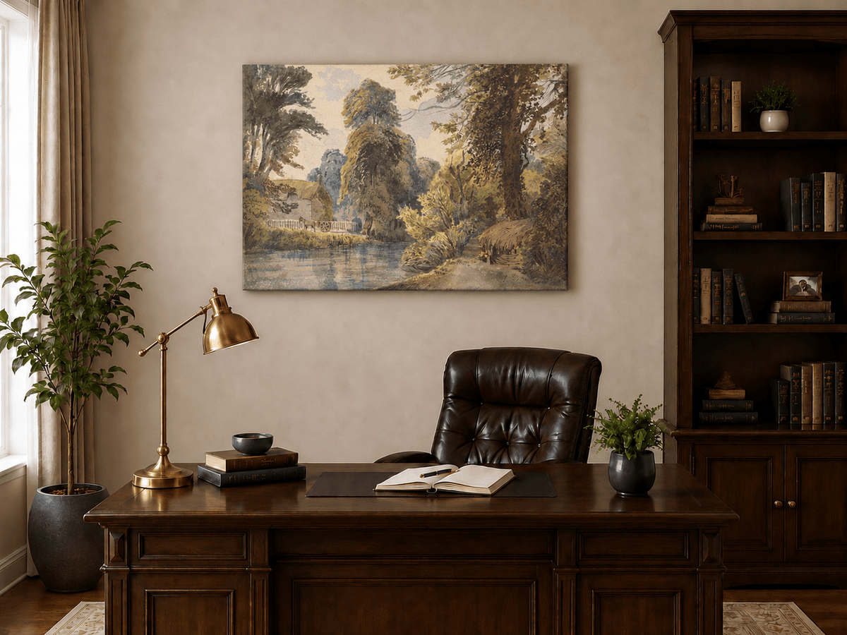 Landscape Oil Painting - Park Pond with Cottage and Garden Path