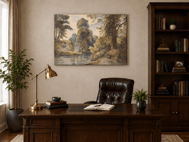 Landscape Oil Painting - Park Pond with Cottage and Garden Path