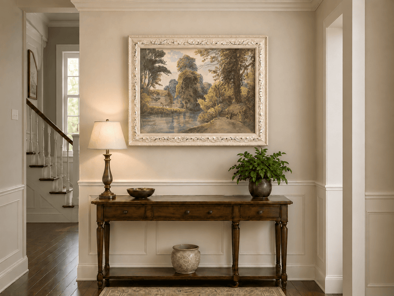 Landscape Oil Painting - Park Pond with Cottage and Garden Path