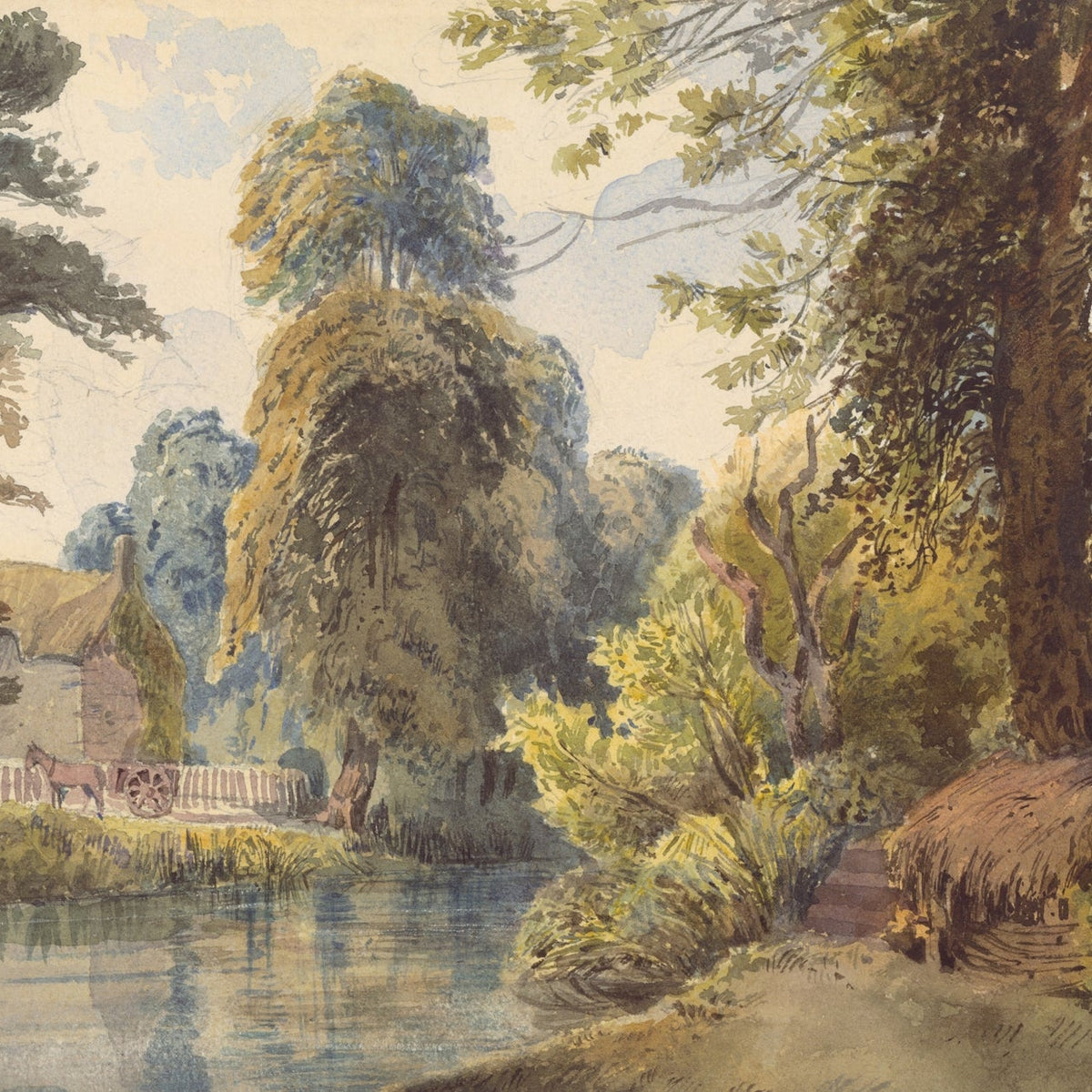Hand-painted park pond with cottage and garden path landscape oil painting on canvas