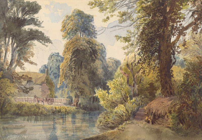 Hand-painted park pond with cottage and garden path landscape oil painting on canvas