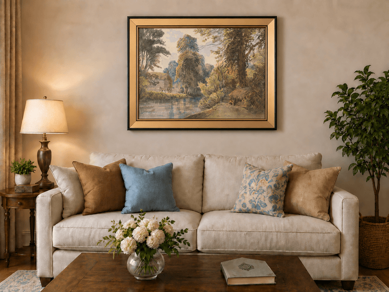 Landscape Oil Painting - Park Pond with Cottage and Garden Path