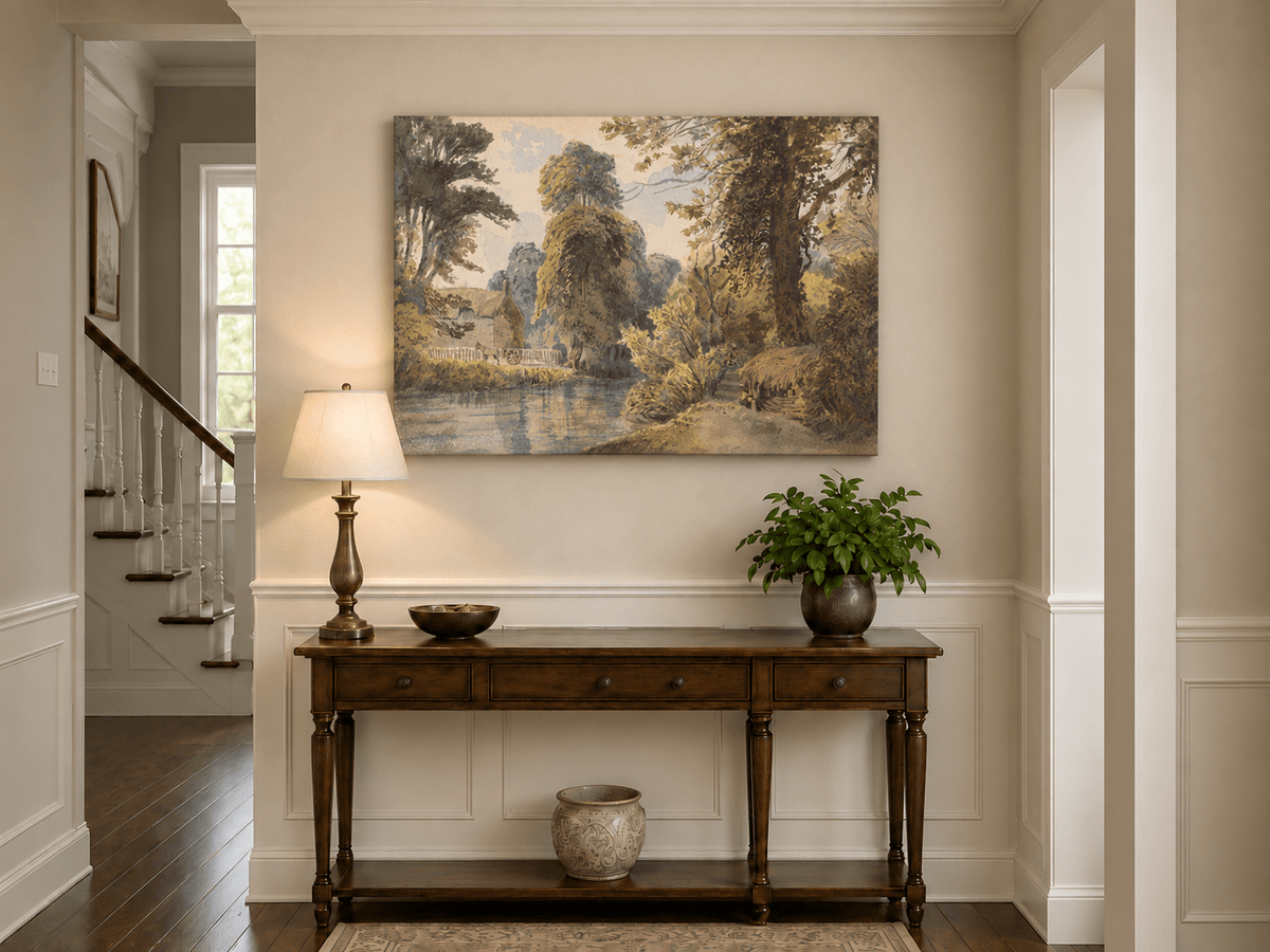 Landscape Oil Painting - Park Pond with Cottage and Garden Path
