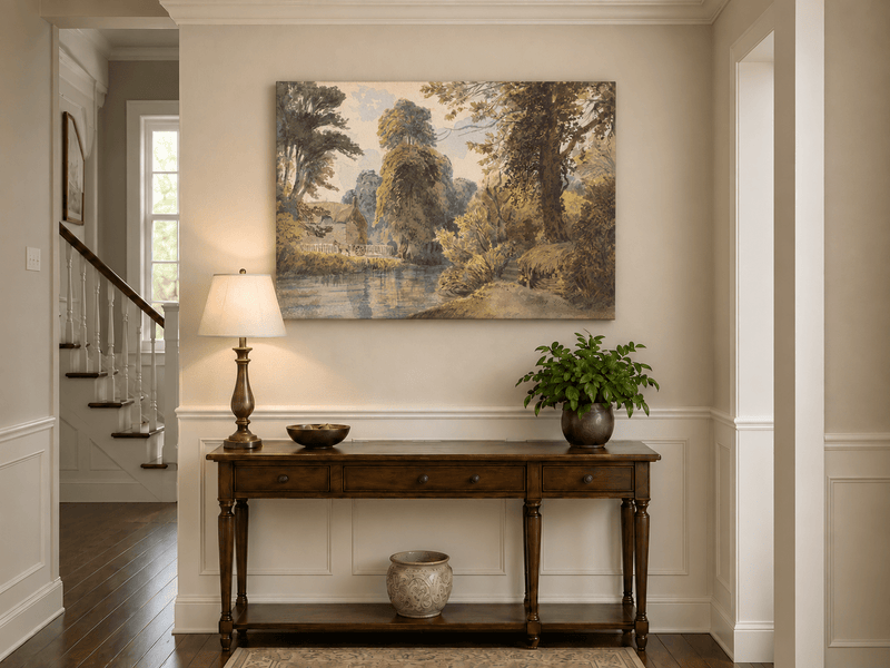 Landscape Oil Painting - Park Pond with Cottage and Garden Path
