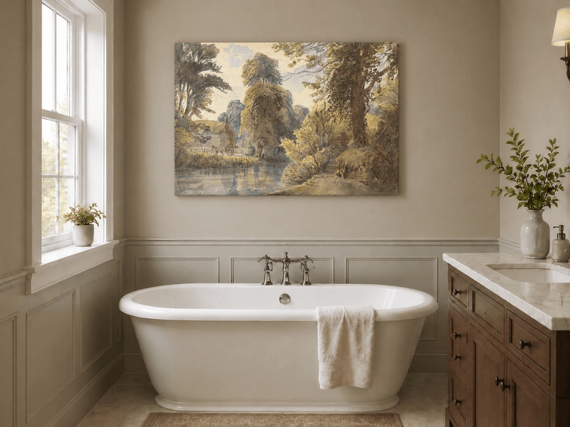 Landscape Oil Painting - Park Pond with Cottage and Garden Path