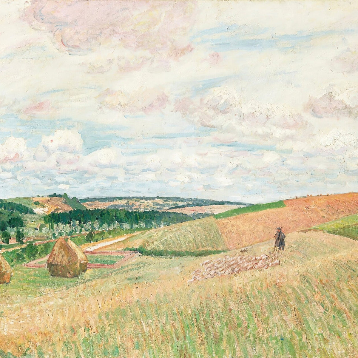 Landscape Oil Painting - Pastel Harvest Fields with Haystacks - Oil Painting Haven