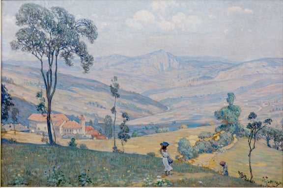 Hand-painted pastel valley with village and woman landscape oil painting on canvas