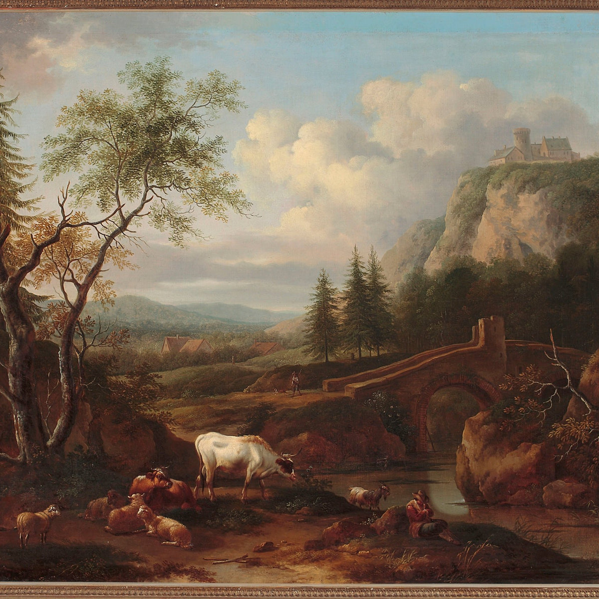 Landscape Oil Painting - Pastoral Bridge, Castle and Cattle - Oil Painting Haven