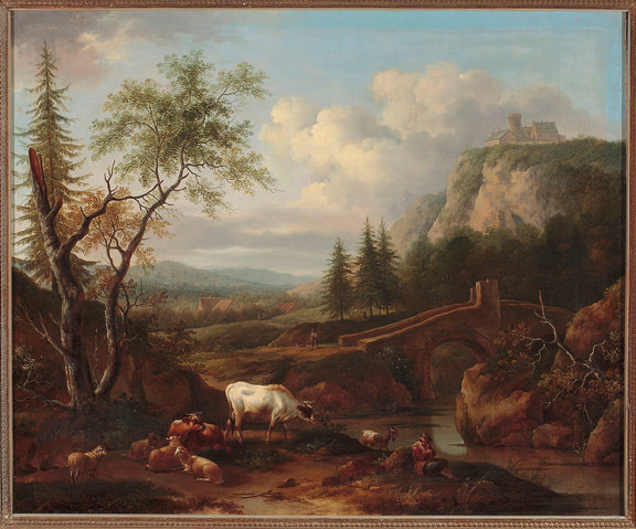 Landscape Oil Painting - Pastoral Bridge, Castle and Cattle - Oil Painting Haven
