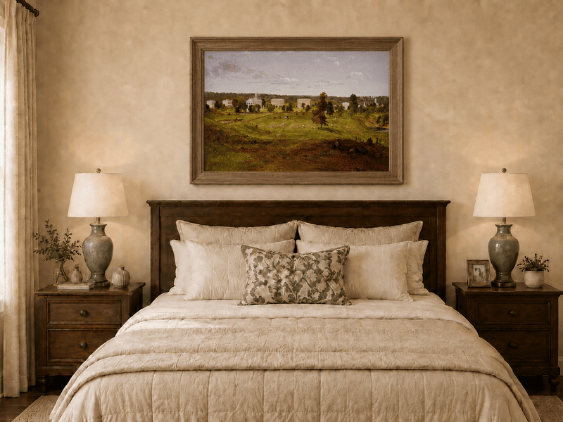 Landscape Oil Painting - Pastoral Campus with Classical Buildings