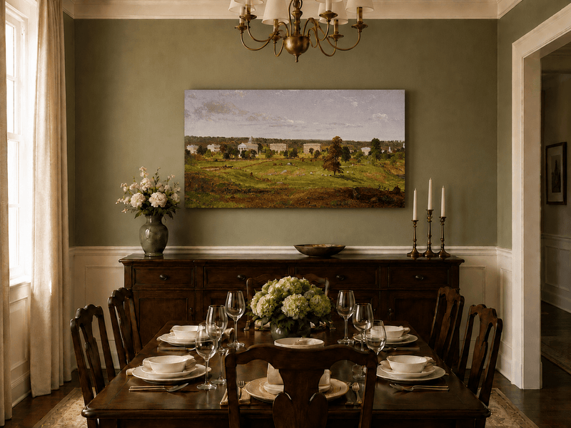 Landscape Oil Painting - Pastoral Campus with Classical Buildings