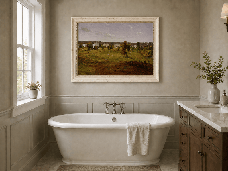 Landscape Oil Painting - Pastoral Campus with Classical Buildings